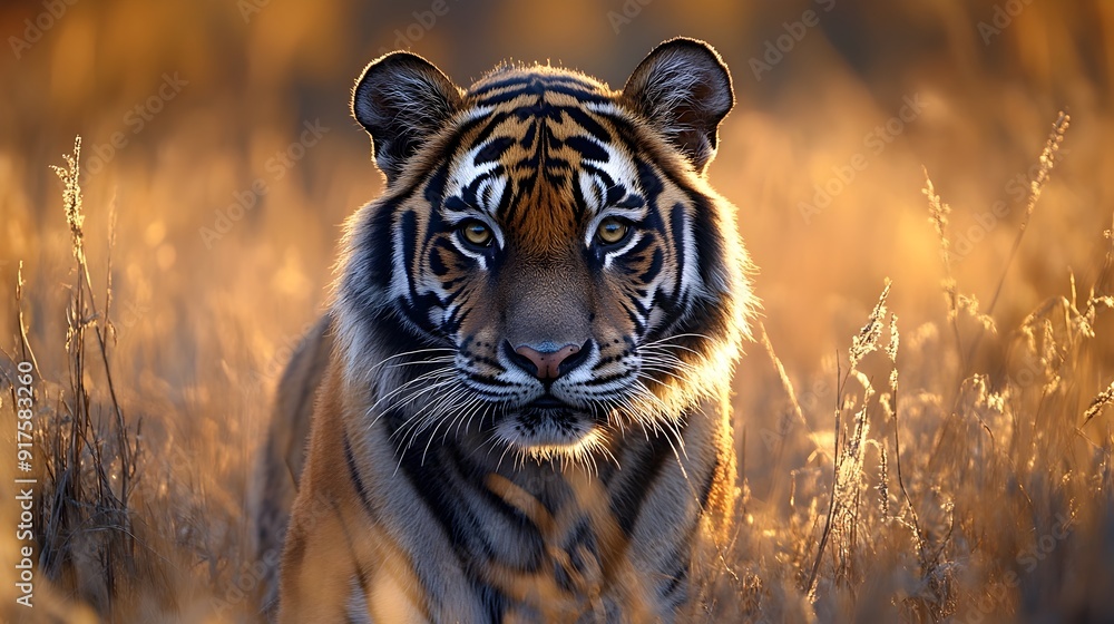 Fototapeta Majestic Tiger Prowling Through Lush Savanna Grasslands in Natural Habitat