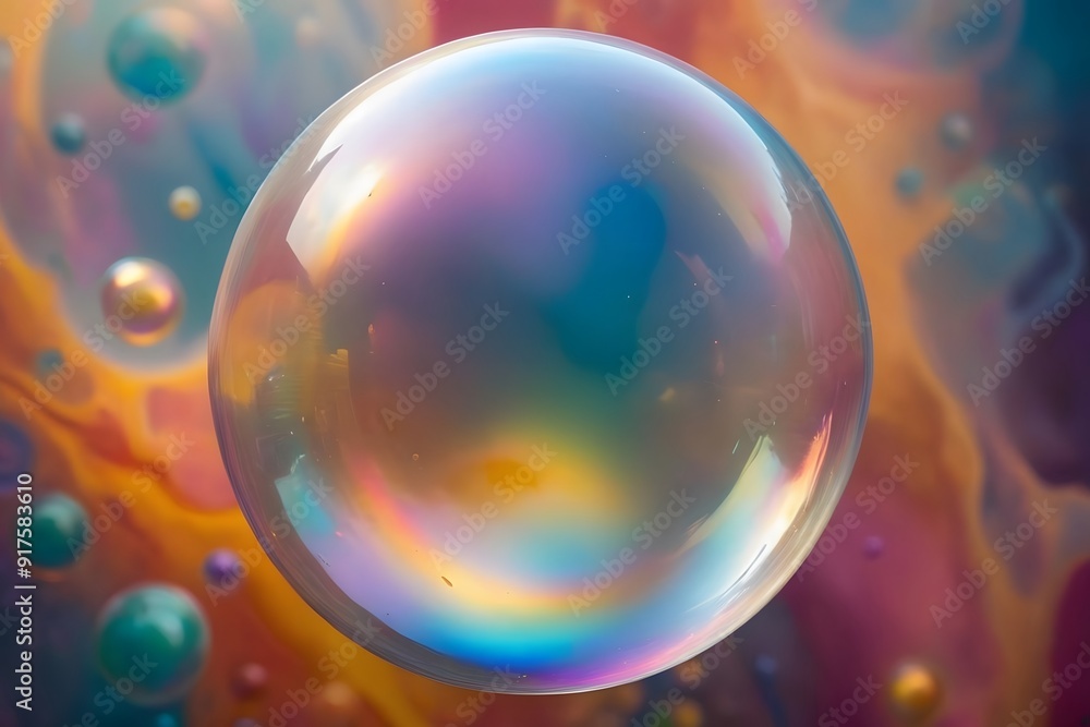 A large iridescent bubble floats against a colorful background. A large iridescent bubble floats against a colorful background.