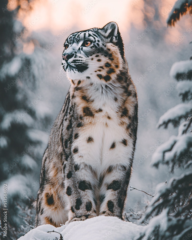 Majestic Snow Leopard in Winter Landscapes at Sunset - Stunning Wildlife Photography Capturing Elusive Panthera Uncia in Snowy Mountain Habitat