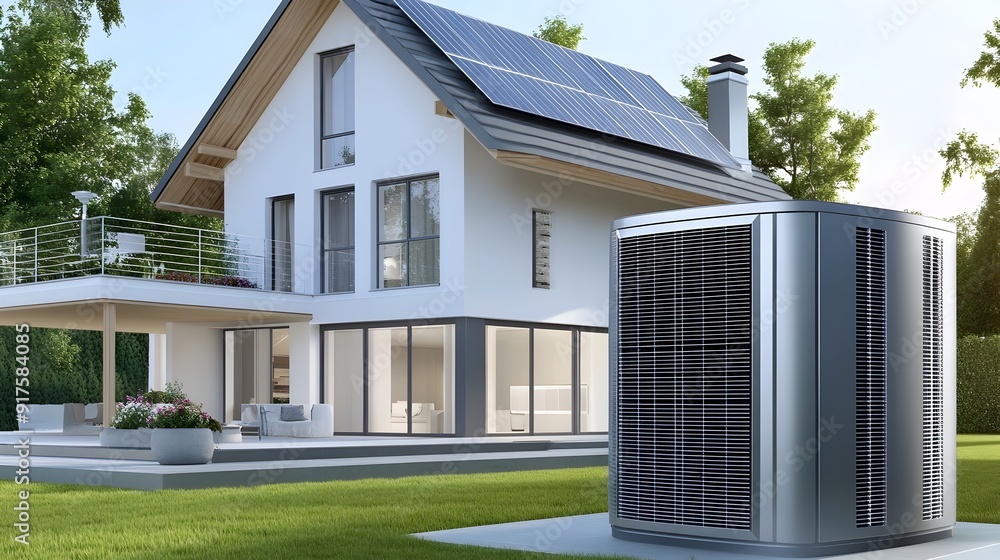 Fototapeta premium Futuristic Solar-Powered Smart Home with Energy-Efficient Cooling System
