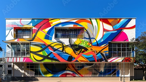 A striking artwork covering the facade of an urban structure, featuring a blend of bright colors and abstract shapes that transform the building into a lively artistic statement. photo