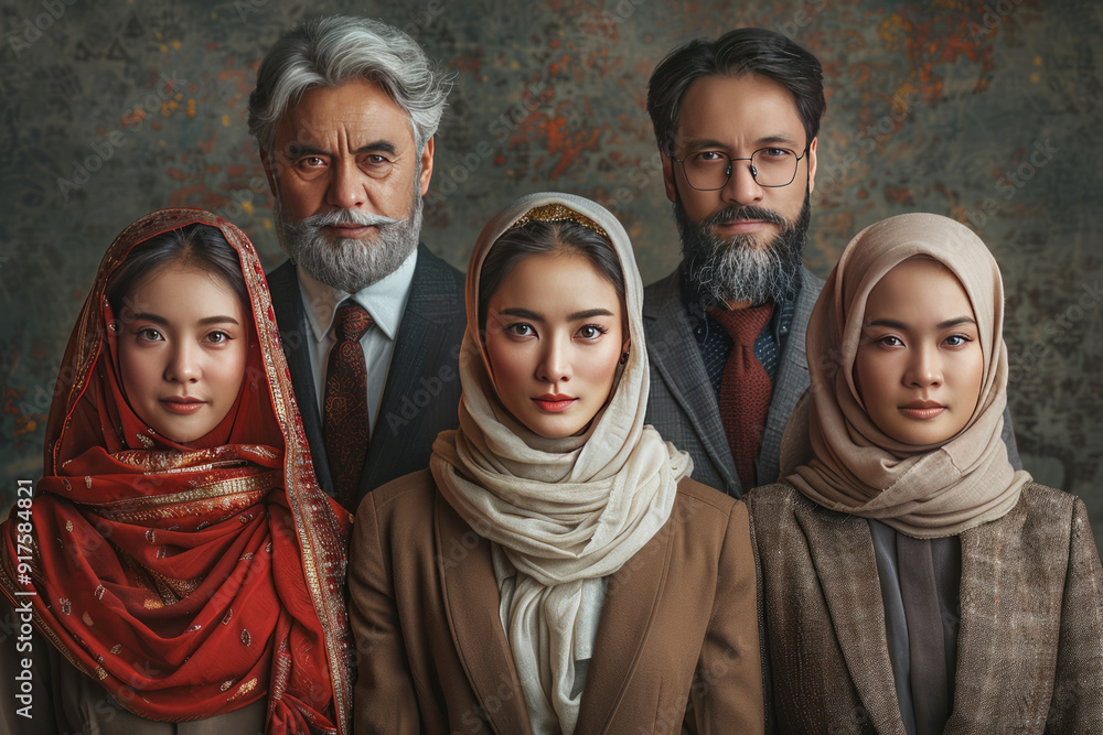 Fototapeta premium Diverse faces, 35 years old, styled as business people, with chinese, malay, indian and caucasian faces in that order.generative ai