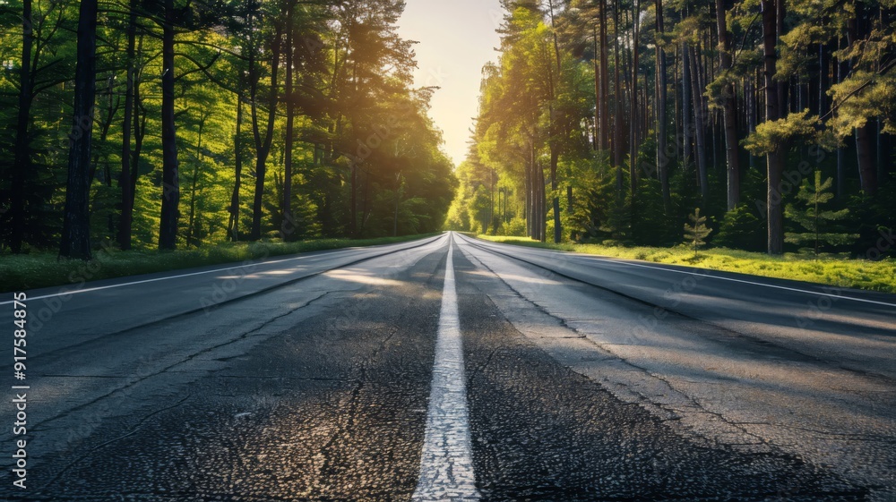 Fototapeta premium A Straight Road Through a Lush Forest at Sunset