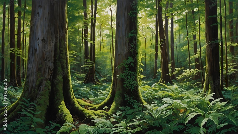 Fototapeta premium Lush green fern in a vibrant forest jungle setting with trees and moss