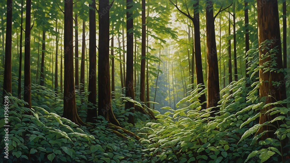 Fototapeta premium Lush green fern in a vibrant forest jungle setting with trees and moss