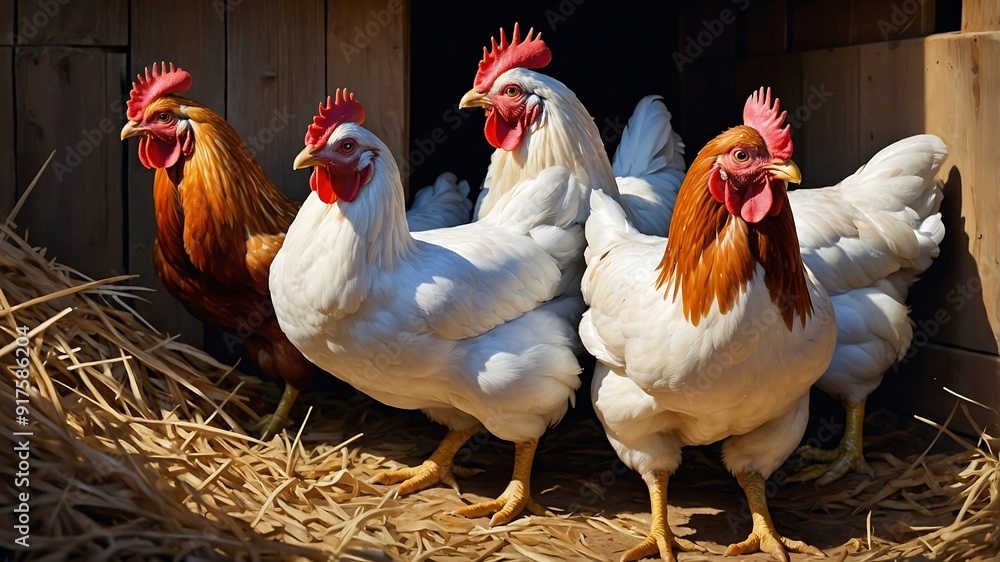 Fototapeta premium Rooster and Hen on a Farm with eggs 