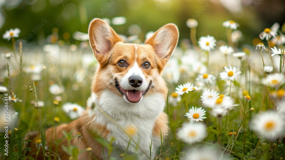 A Smiling Pembroke Welsh Corgi Amongst Daisies A Smiling Pembroke Welsh Corgi Amongst Daisies