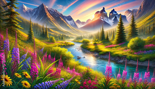 Harmony of Morning Light in a Serene Mountain Valley