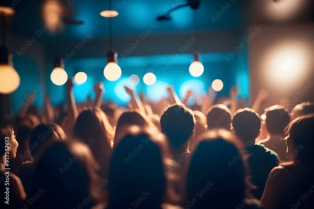 Silhouetted audience at a concert, enjoying the show with raised hands. Silhouetted audience at a concert, enjoying the show with raised hands.