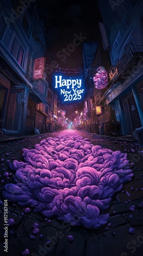 Surreal Happy New Year 2025 with neon sign and purple clouds flowing through dark urban street in festive scene photo