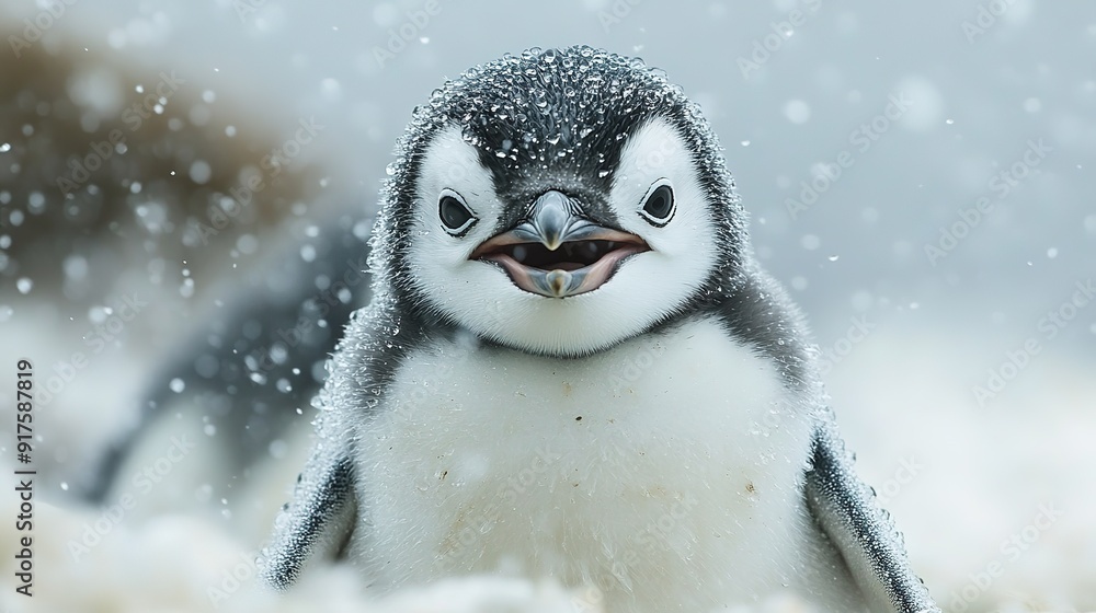 Obraz premium Happy Penguin Chick Enjoying a Snowfall, Surrounded by Falling Snowflakes