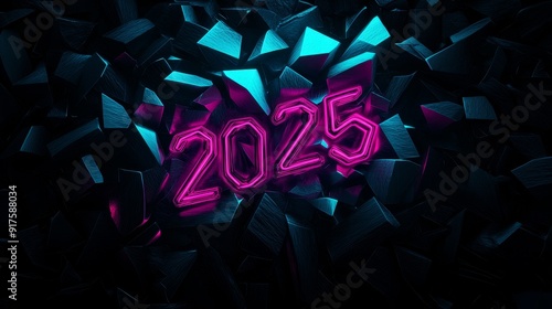 Futuristic 2025 New Year neon design with glowing pink numbers on dark geometric background for edgy celebration photo