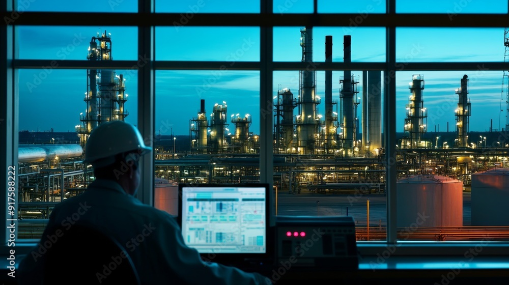 An oil refinery operator in a control room monitoring refining ...