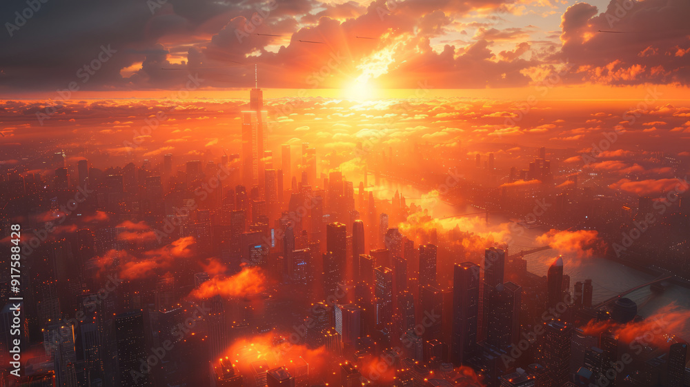 super busy city bird view, epic energy, sunrise light.generative ai super busy city bird view, epic energy, sunrise light.generative ai