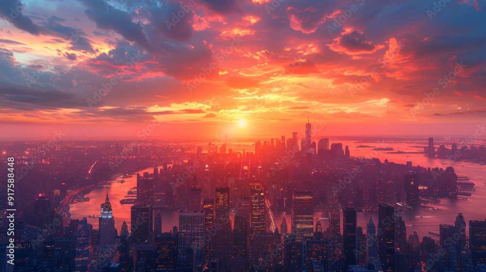 Obraz premium super busy city bird view, epic energy, sunrise light.generative ai