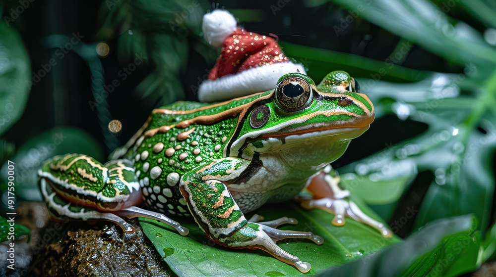Festive Green Tree Frog Wearing a Santa Hat Sitting on a Leaf in the Jungle, Fully Dressed for the Holiday Season Festive Green Tree Frog Wearing a Santa Hat Sitting on a Leaf in the Jungle, Fully Dressed for the Holiday Season