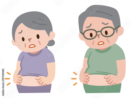 ぽっこりお腹に悩むシニアのイラスト