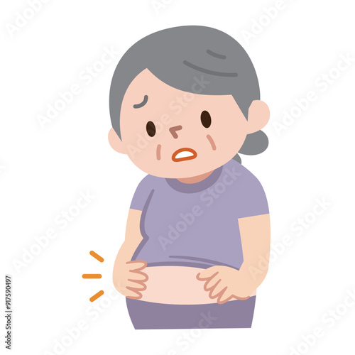ぽっこりお腹に悩むシニア女性のイラスト