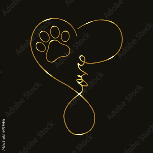 Neon paw print with heart. Pet love. Dog love. Line art. Glowing neon line. Isolated on black background. Dog - friend of human. Animal charity. Pet rescue and adoption. Animal care. Pet affection. 
