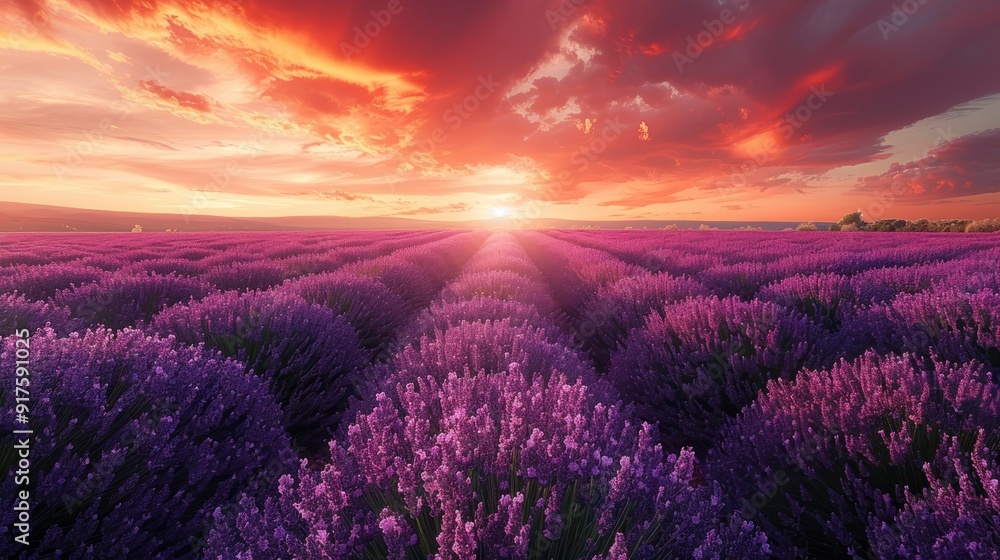 Lavender Field at Sunset with a Peaceful Summer Sky Lavender Field at Sunset with a Peaceful Summer Sky