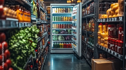 A white refrigerator with an open door reveals a storehouse of food in an industrial refrigerated room