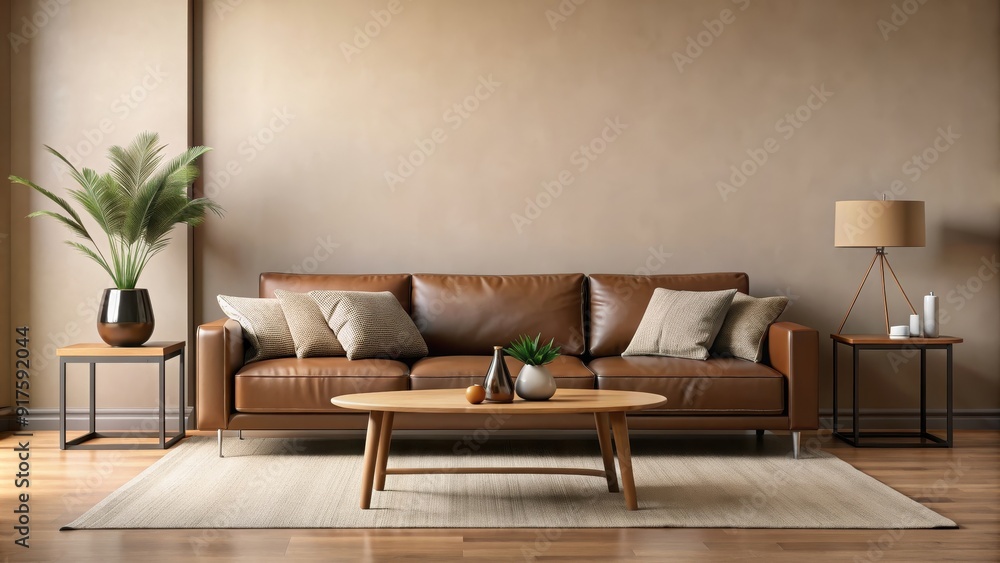 Stylish living room with brown sofa and coffee table against beige wall, stylish, interior, living room Stylish living room with brown sofa and coffee table against beige wall, stylish, interior, living room