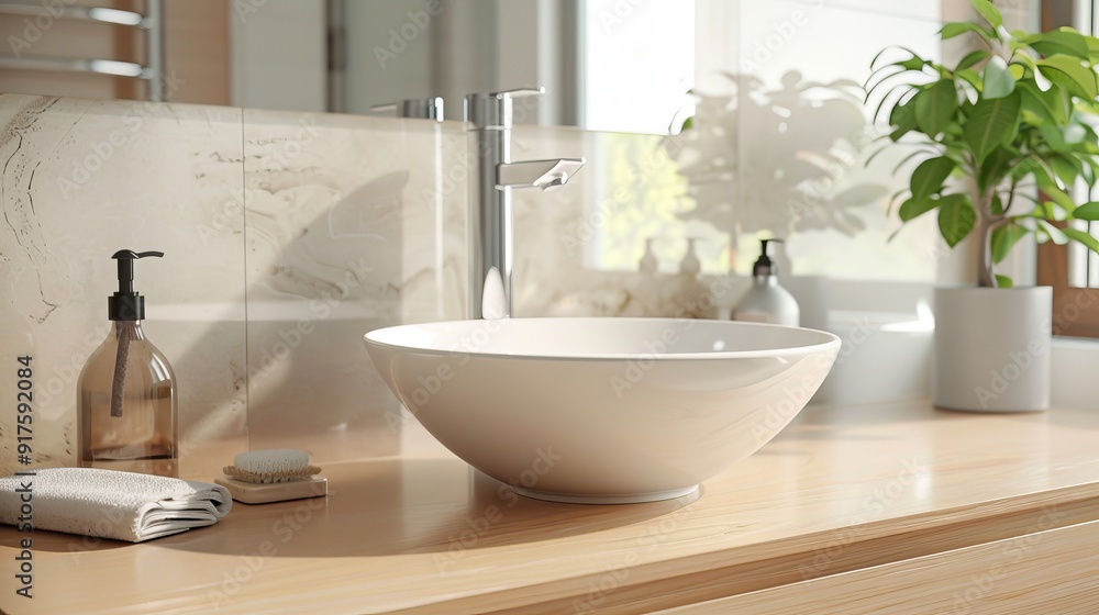 Stylish sink above bright countertop in modern bathroom Stylish sink above bright countertop in modern bathroom