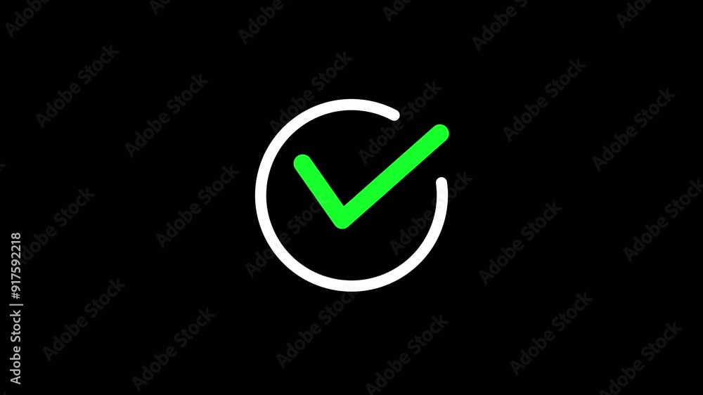 green check mark icon with circle animated on black background animation, green tick mark animation with white circle. green check mark icon with circle animated on black background animation, green tick mark animation with white circle.