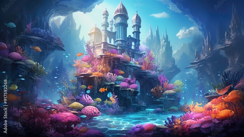 Fototapeta premium Underwater Fantasy Realm with Castle and Coral Reef