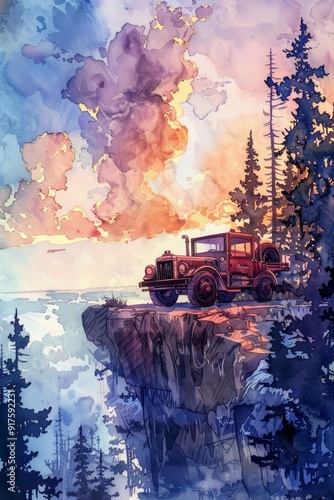 This watercolor illustration, capturing the essence of a scenic overlook, portrays a captivating scene of a vehicle parked at a picturesque vantage point.