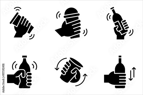 shake the bottle well, shaker icon set, hand holding drink, vector illustration on white background