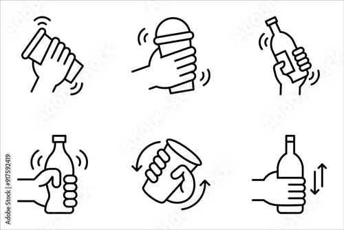 shake the bottle well, shaker icon set, hand holding drink, vector illustration on white background