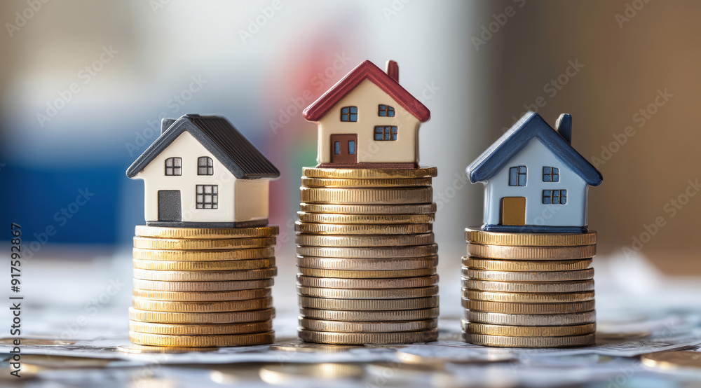 Real estate market growth and property value, with small houses standing on top stacks of coins, against blurred green background Real estate market growth and property value, with small houses standing on top stacks of coins, against blurred green background