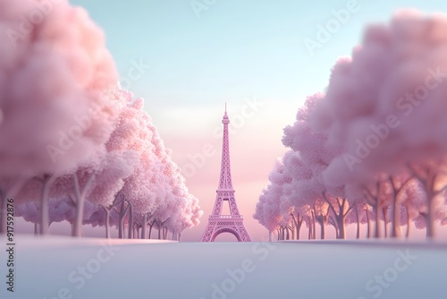 Whimsical Pink Cityscape with Eiffel Tower,Soft Pastel Floral Trees and Dreamy Sunset Sky
