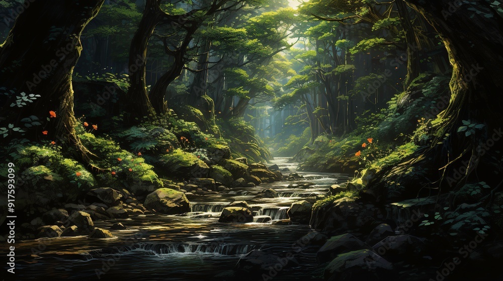 Sunlit Stream Winding Through a Dense Forest Sunlit Stream Winding Through a Dense Forest