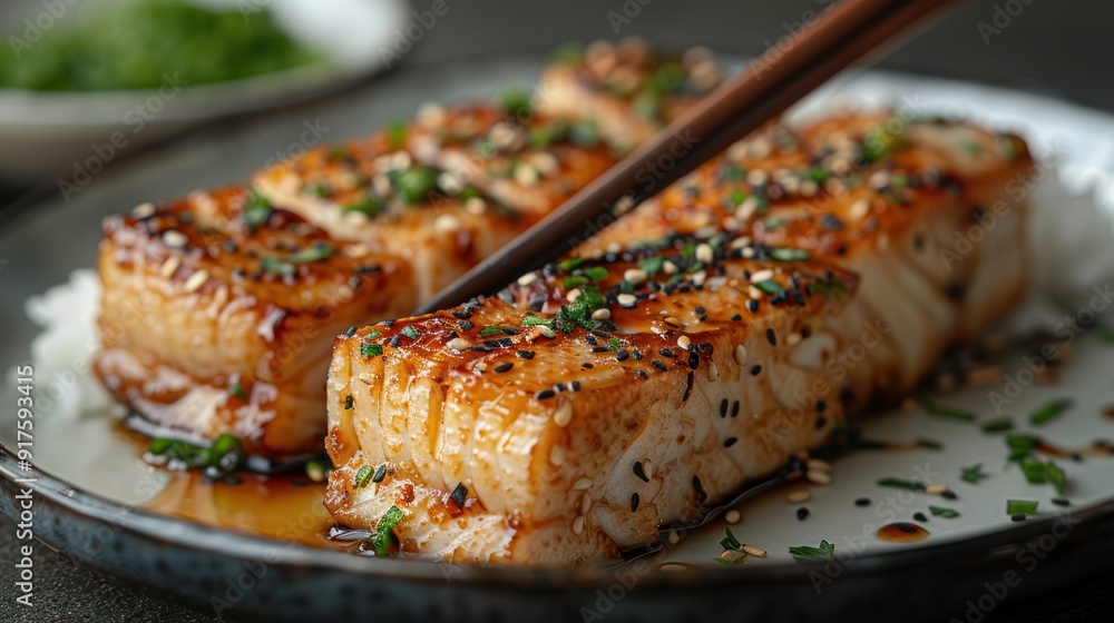 Chopsticks hold up a piece of fresh Unagi Sushi garnished with herbs and sesame seeds, highlighting the delicacy of Japanese cuisine