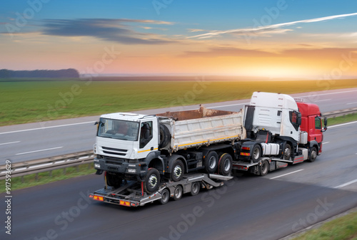 Foto Heavy-Duty Vehicle Transporting Two Semi-Trailer Trucks