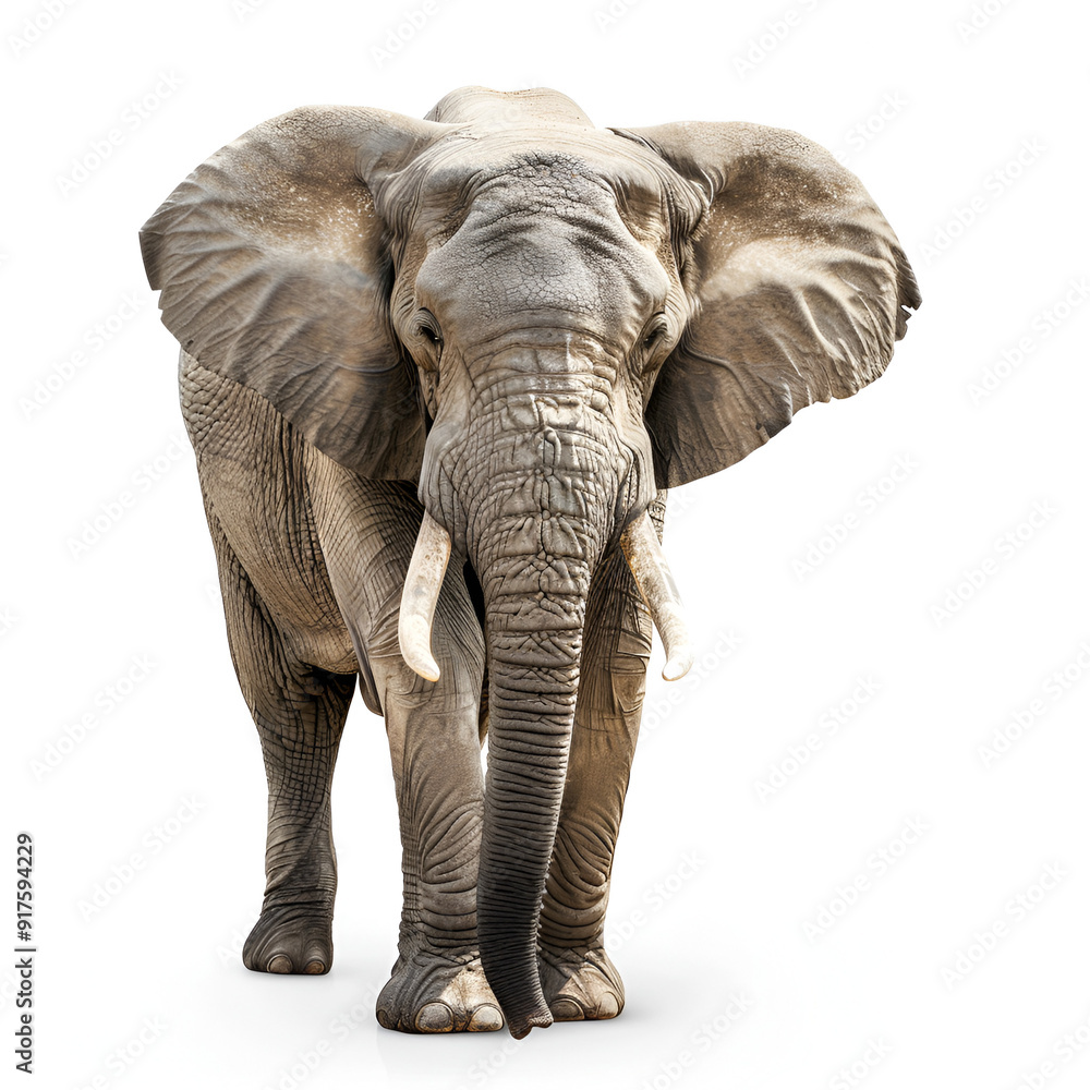 Fototapeta premium A large elephant is walking acA large elephant is walking across a white background Large elephants on white background, collage. Exotic animal ross a white background, Generative Ai