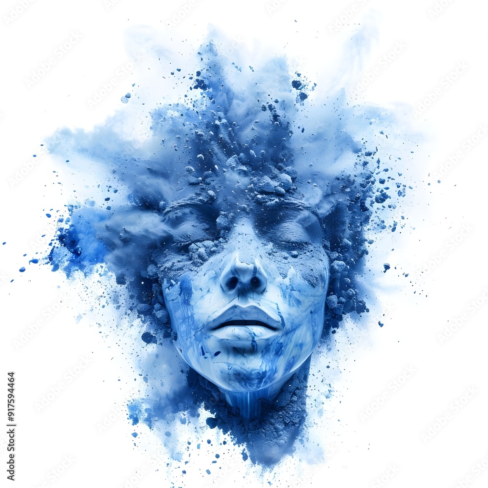 Blue and white digital rendition of a human face disintegrating into particles Blue and white digital rendition of a human face disintegrating into particles