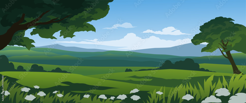 Fototapeta premium Beautiful panoramic landscape with mountain and meadow