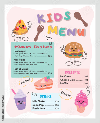 Cute colorful kids meal menu vector template
