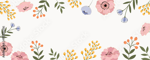 Flower art background vector. Botanical hand drawn floral line art. Design illustration for web, wallpaper, banner, print, poster, cover, greeting and invitation card.