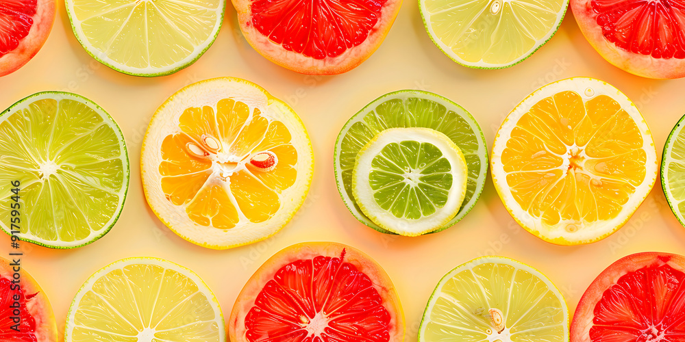 Fototapeta premium Seamless Abstract Colorful Flat Lay of Different Cut Lime, Citrus Fruits Slices, and Jellies Arranged in a Pattern Print for Textile, Packaging, Banner, Decor, Wrap, Fashion, Accessories, Web, Social.