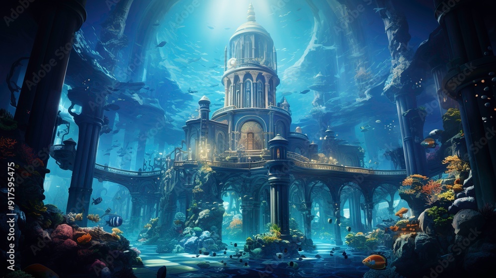 Obraz premium Underwater Palace with Golden Domes and Coral Reef