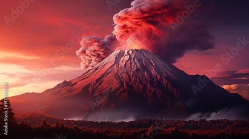 A mountain with a volcano on top and a red sky in the background