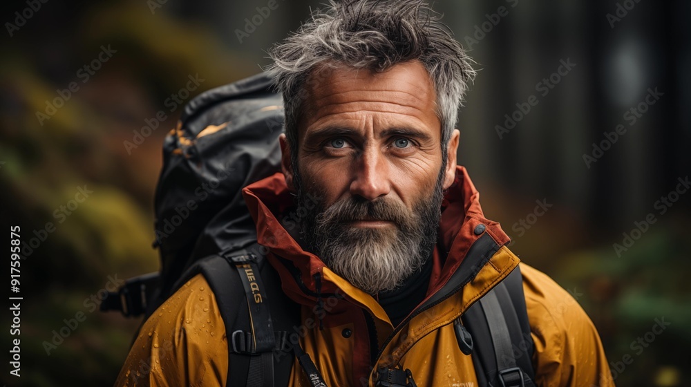 A man with a beard and a backpack is standing in the woods