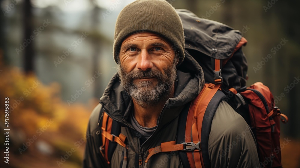 A man wearing a green hat and a backpack is smiling A man wearing a green hat and a backpack is smiling