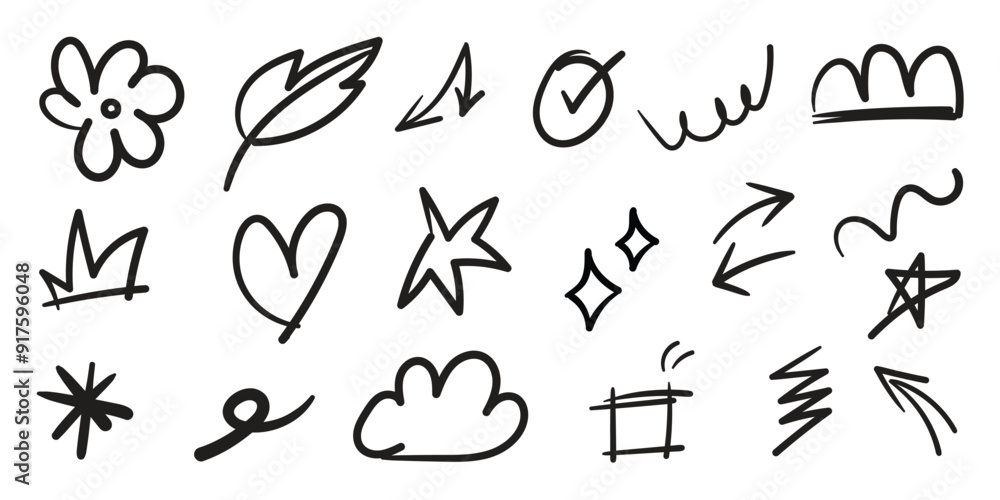 Naklejka premium Hand drawn arrow mark icons vector. Scribble doodle underline emphasis line shape set. brush stroke highlight speech bubble cloud sparkle arrow element in childish drawing style.