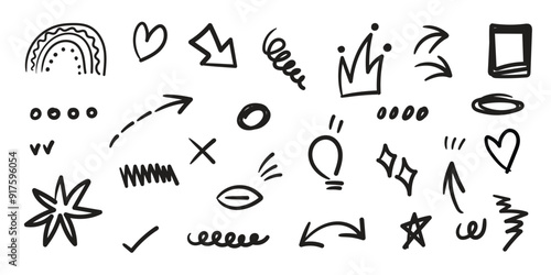 Hand drawn arrow mark icons vector. Scribble doodle underline emphasis line shape set. brush stroke highlight speech bubble cloud sparkle arrow element in childish drawing style.