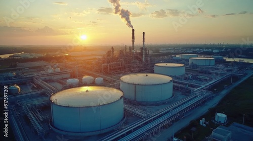 Aerial view oil terminal is industrial facility for storage tank of oil and petrochemical industry products ready for transport to further storage facilities photo